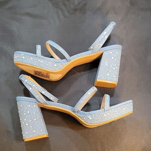 BRAND NEW FOREVER DENIN BLOCK HEEL VERSATILE STUDDED WITH PEARL SANDAL G1 - Picture 8 of 15